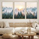 Misty Pine Forest Wall Art Canvas, Sunrise Over Foggy Trees