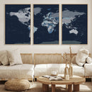 Blue Detailed World Map Wall Art Canvas Print, Modern Framed