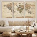 Vintage World Map Canvas Wall Art - Rustic Grunge Texture