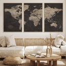 World Map Canvas Wall Art Dark Charcoal Antique Tan Detailed