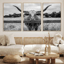 Black White Texas Longhorn Bull Canvas Wall Art, Western Ranch Cattle Photography Print, Rustic Farmhouse Cowboy Decor Artwork by MyGreatCanvas | Canvas Wall Art Prints | Photo Prints & Wall Decor