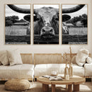 Black White Texas Longhorn Bull Canvas Wall Art, Western Ranch Cattle Photography Print, Rustic Farmhouse Cowboy Decor Artwork by MyGreatCanvas | Canvas Wall Art Prints | Photo Prints & Wall Decor