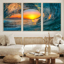 Ocean Wave Sunset Wall Art | Large Coastal Wave Canvas Print