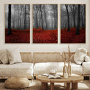 Red Forest Floor Canvas Wall Art – Mystical Foggy Woodland