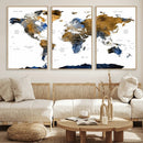 Modern Abstract World Map Canvas Wall Art – Framed Blue and