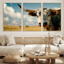 Longhorn in the Prairie - Stunning Ranch-Style Triptych Wall