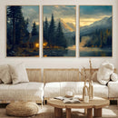 Mountain Cabin by the Lake at Sunset Wall Art - Serene