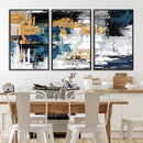Blue and Gold Abstract Canvas Wall Art – Triptych Modern