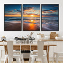 Sunset on the Ocean Beach with Waves, Reflections on Sand,