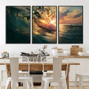 Ocean Wave Sunset Canvas Wall Art – Triptych Seascape Print