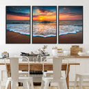 Sunset Beach Canvas Wall Art – Colorful Ocean Waves Triptych