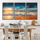 Golden Sunset Beach Triptych Canvas Art, Giclee Coastal Wall