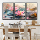 Lotus Flower Wall Art | 3-Panel Giclee Canvas Print of Pink