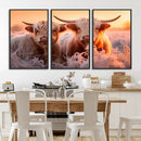 Highland Cows at Sunrise Wall Art Canvas Set – Serene and