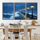 Stormy Ocean Pier Lights Canvas Wall Art Print - Large Moody