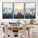 Misty Pine Forest Wall Art Canvas, Sunrise Over Foggy Trees