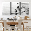 Surfers on Waves Wall Art Canvas Print – Framed Black and