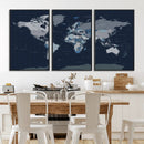 Blue Detailed World Map Wall Art Canvas Print, Modern Framed