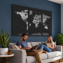Black World Map Wall Art Canvas Print – Detailed Map of the