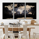 Grunge World Map Wall Art | 3-Panel Large Beige and Brown