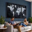Black World Map Canvas Print – Detailed Map for Couples and