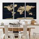 Dark World Map Canvas Wall Art Print, Minimal Black and Gold