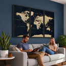 Dark World Map Canvas Wall Art Print, Minimal Black and Gold
