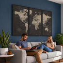 World Map Canvas Wall Art Dark Charcoal Antique Tan Detailed