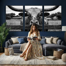 Black White Texas Longhorn Bull Canvas Wall Art, Western Ranch Cattle Photography Print, Rustic Farmhouse Cowboy Decor Artwork