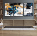 Blue and Gold Abstract Canvas Wall Art – Triptych Modern