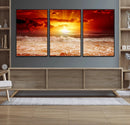Red Sunset Ocean Beach Canvas Wall Art Beach Canvas, Coastal