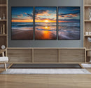 Sunset on the Ocean Beach with Waves, Reflections on Sand,