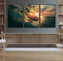 Ocean Wave Sunset Canvas Wall Art – Triptych Seascape Print