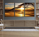 Golden Tropical Beach Sunset Canvas Triptych, Coastal Palm