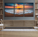 Sunset Beach Canvas Wall Art – Colorful Ocean Waves Triptych