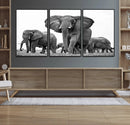 Black White Elephant Family Wall Art Canvas Print