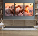 Highland Cows at Sunrise Wall Art Canvas Set – Serene and