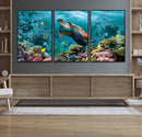 Sea Turtle and Coral Reef Triptych Wall Art – Vibrant