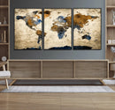 World Map Wall Art – Antique Style Blue and Brown Map Canvas