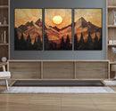 Wood Style Abstract Mountain Sunset Canvas Wall Art Print -