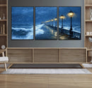 Stormy Ocean Pier Lights Canvas Wall Art Print - Large Moody