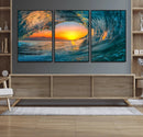 Ocean Wave Sunset Wall Art | Large Coastal Wave Canvas Print