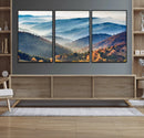 Misty Mountain Sunrise Triptych Canvas Print – Autumn