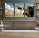 Longhorn in the Prairie - Stunning Ranch-Style Triptych Wall