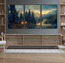 Mountain Cabin by the Lake at Sunset Wall Art - Serene