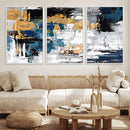 Blue and Gold Abstract Canvas Wall Art – Triptych Modern