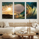 Golden Wave Sunset Canvas Print – Large Coastal Wall Art for