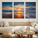 Sunset on the Ocean Beach with Waves, Reflections on Sand,