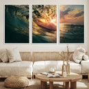 Ocean Wave Sunset Canvas Wall Art – Triptych Seascape Print
