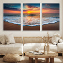 Sunset Beach Canvas Wall Art – Colorful Ocean Waves Triptych